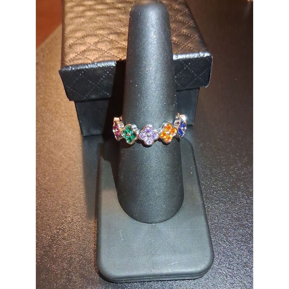 White Gold Plated Multi Colered CZ Clover Adjustable Ring New In Box